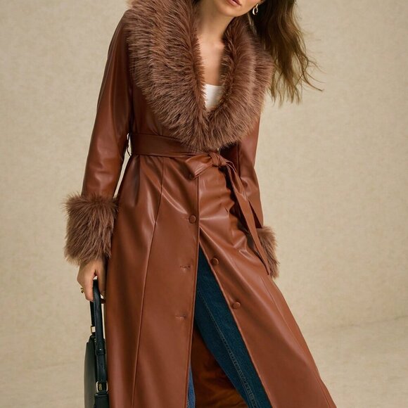 Coffee Brown Elegant Women's Faux Fur Collar Faux Leather Trench Coat - Picture 3 of 6